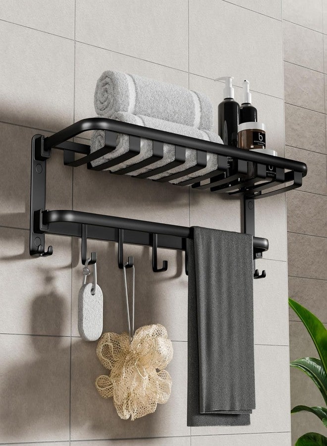 B Backline Aluminium Folding Towel Rack | 24-Inch Wall Mount Foldable Towel Holder with Swivel Rod, 9 Hooks & Storage Shelf | Bathroom Towel Stand for Shampoo & Accessories | Black Matt Finish - Image 1